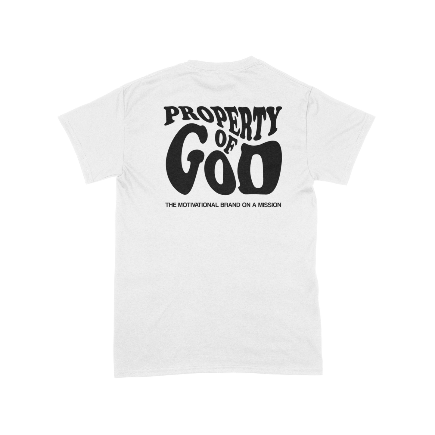 "POG Retro Puff Tee - White t-shirt with bold black puff-print design, featuring 'Property of God' and the slogan 'Rooted in Faith, Moving with Purpose.'"
