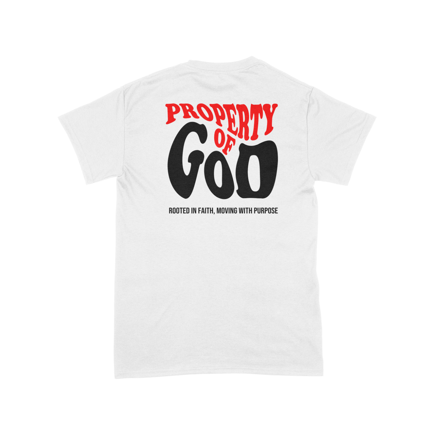 "POG Retro Puff Tee - White t-shirt with bold red and black puff-print design, featuring 'Property of God' and the slogan 'Rooted in Faith, Moving with Purpose.'"